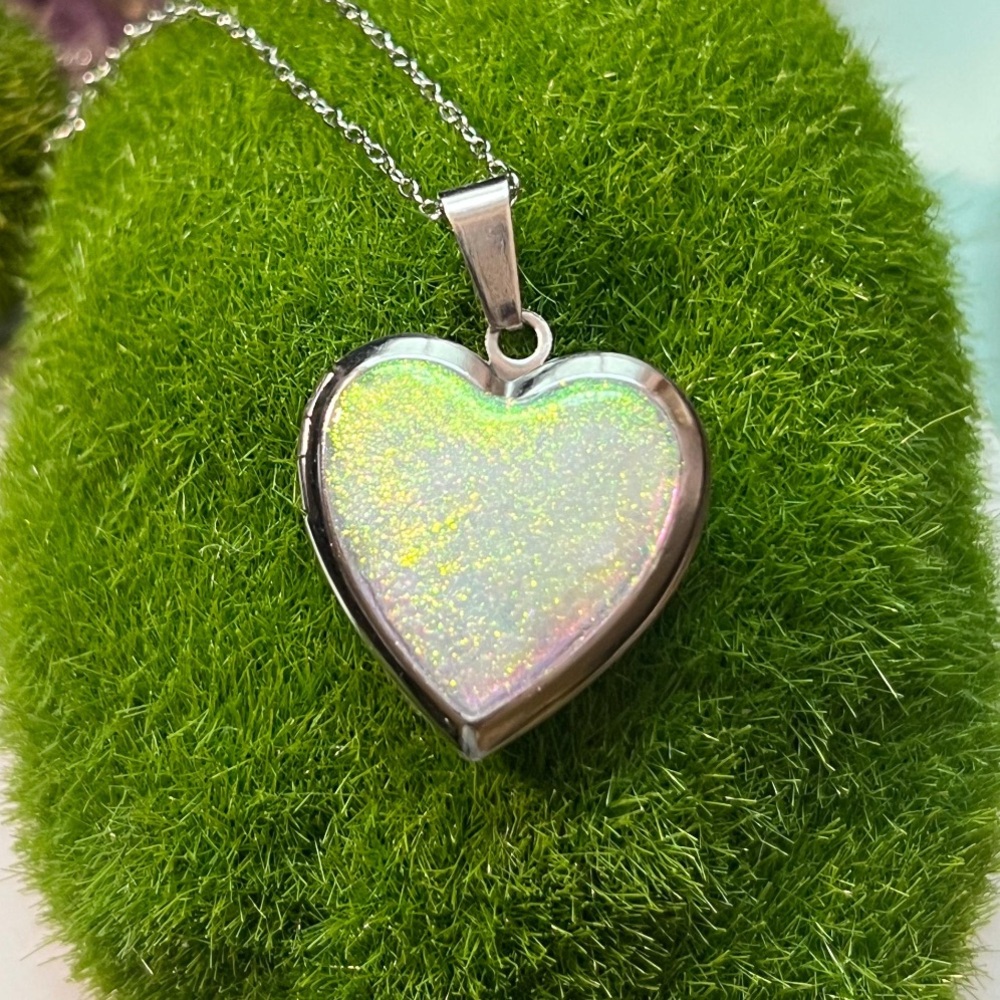 NWT Iridescent Opalite Stainless Steel Locket Necklace - Picture 2 of 6
